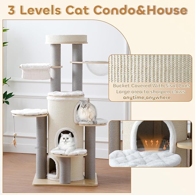 Modern Cat Tree,63'' Multi-Level Cat Tower with 3 Level Sisal Condo,Hammock,Washable Cushions,Tall Heavy Duty Cat Condo with Post,Luxury Wood Cat Tree Tower for Indoor Large Adult Maine Coon
