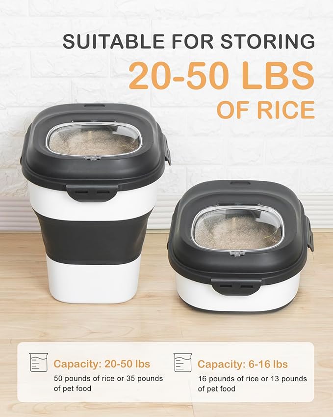 20-50 Lbs Food Storage Containers,Collapsible Rice Container with Wheel Airtight Locking Lid,Flour Storage Container with Small Food Container and Scoop,Suitable for Food,Rice,Pet Food,Flour