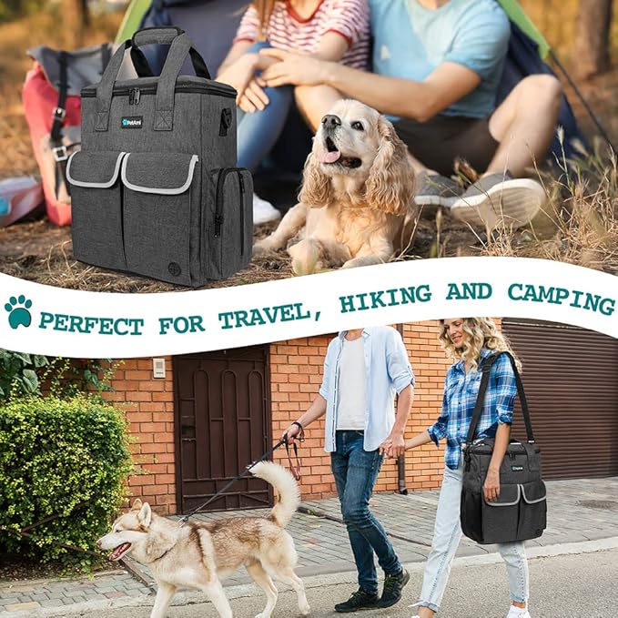 PetAmi Dog Travel Bag Pet Supplies Accessories Organizer for Traveling, Camping, Weekend; Cat Pet Travel Bag Kit Includes 2 Food Storage Containers, 2 Collapsible Bowls, 1 Feeding Mat (Dark Gray)