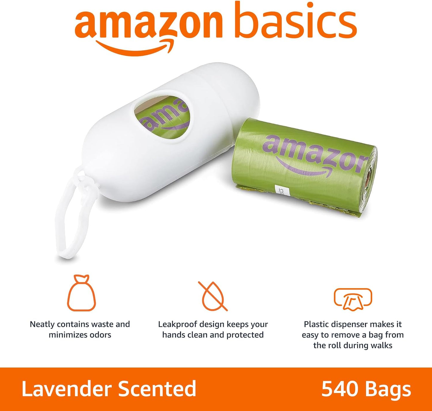 Amazon Basics Dog Poop Bags with Dispenser, 540 Count, Enhanced for Guaranteed Leakproof, Lavender Scented, Includes Leash Clip