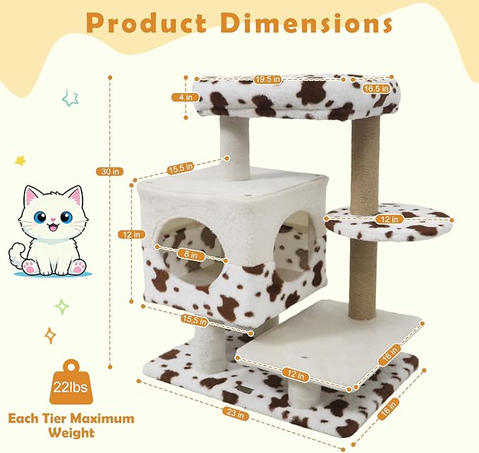 PETSITE 30 Inches Small Cat Tree, Unique Cow Print Modern Cat Tree with Jute Scratching Posts, Comfy 2-Door Condo, Soft Upholstered Top Perch, Multiple Jumping Platforms, Ideal for Indoor Cats