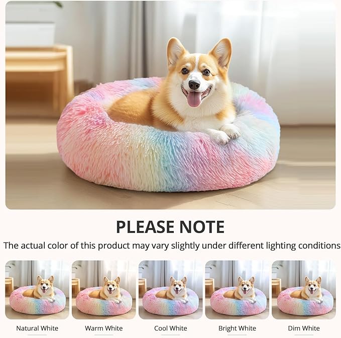 JOLLYVOGUE Small Dog & Cat Beds for Indoor Cats, Donut Cuddler Warming Soft Dog Beds with Anti-Slip Bottom, Round Calming Fluffy Plush Faux Fur Cushion Bed for Medium Dogs (31", Rainbow)