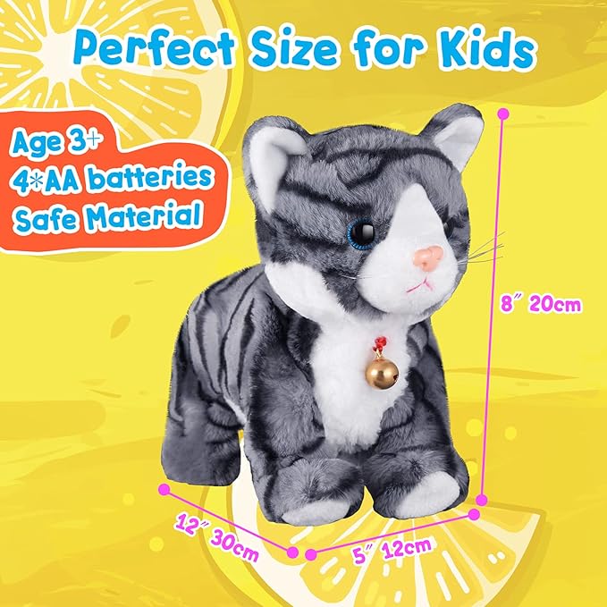 Pattern Gray Robotic Cat Toy for Kid That Move and Meow Purrs Touch Control Kitten Toys Animated Realistic Kitty Toys Kitten Robot Toy for Halloween Birthday H:12"