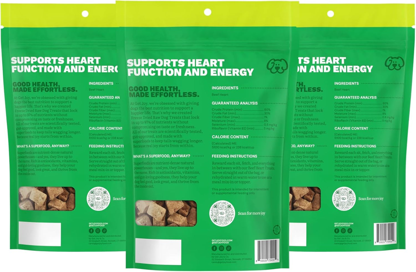Get Joy Freeze Dried Superfood 100% Beef Heart Dog Treats, 4 Ounce Bag (Pack of 3), Single Ingredient Organ Meat, High Protein, Heart Health, Energy, Grain Free, Gluten Free, Made in USA