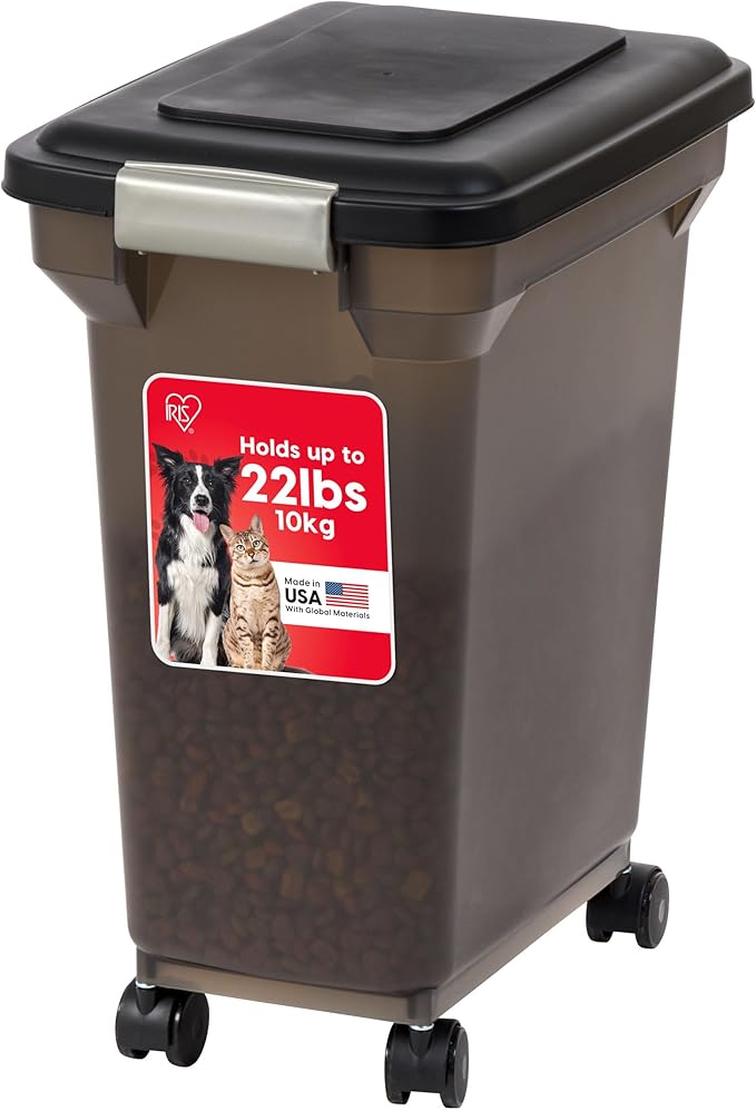 IRIS USA 22 Lbs / 28 Qt WeatherPro Airtight Pet Food Storage Container with Attachable Casters, For Dog Cat Bird and Other Pet Food Storage Bin, Keep Fresh, Easy Mobility, BPA Free, Smoke