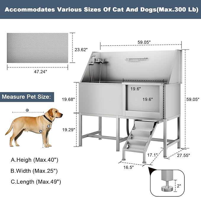 50" Pet Dog Bathing Station, Stainless Steel Dog Bathtub W/Ramp, Floor Grate, Dog Bath Brush, Washing Gloves for Home, Professional Dog Washing Station for Pets (50 Inch Left Door)