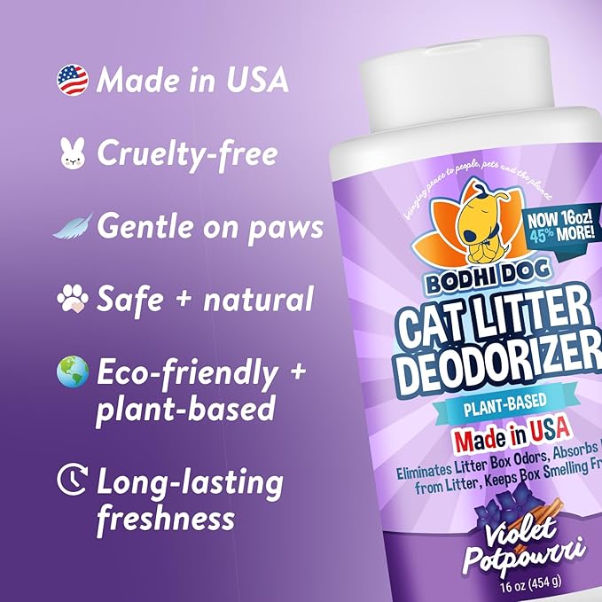 Bodhi Dog Cat Litter Odor Eliminator - Natural Gentle Deodorizer & Freshener for Strong Urine Smell - Long-Lasting Formula, Easy to Use, Reduces Litter Box Changes - Violet Potpourri Scent