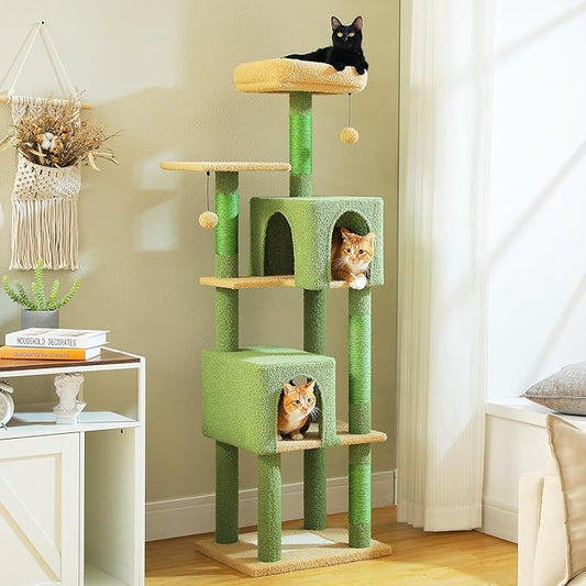 62" Cat Tree for Indoor Cats, Multi-Level Cat Tower for Large Cats with Scratching Posts, 2 Spacious Plush Condos, Padded Perch, Soft Cat Bed, Scratching Pad & 2 Pompoms, Green