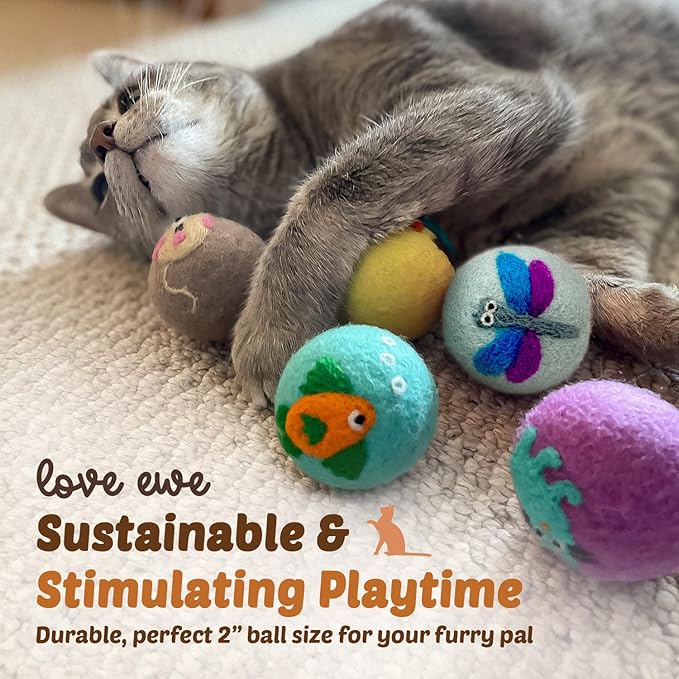 Hustle & Blush Wool Felt Balls - 3 Pack Love Ewe Pet Supplies – 2in Colorful & Durable Cat Toys Handmade from New Zealand, Ideal for Indoor Play and Mental Stimulation – Dragonfly & Butterfly Design