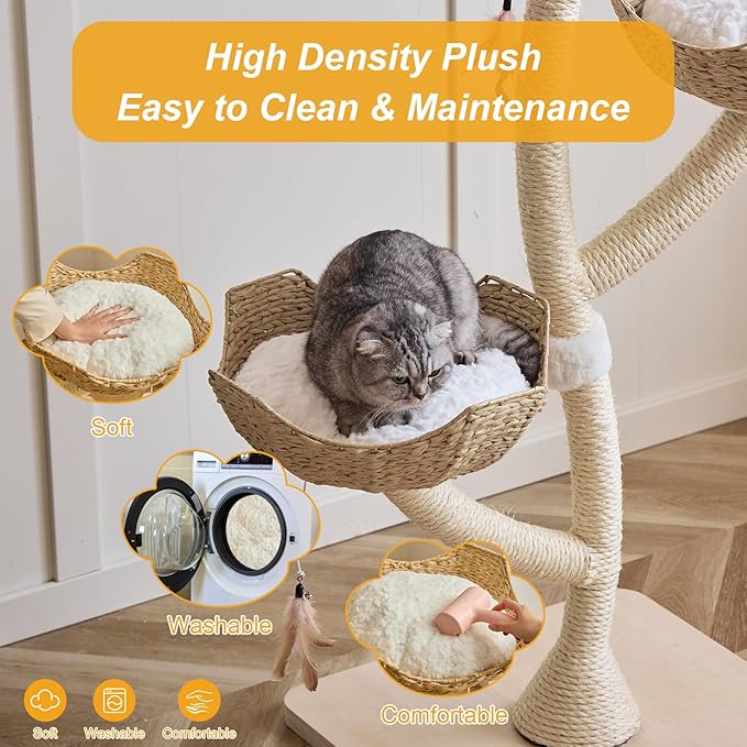 52” Tall Modern Cat Tree Tower for Large Cats| Cat Scratching Posts with Hand Woven Baskets and Mats| Luxury Cat Condo for Multiple Cats | Cat Furniture for Gifts （52” Natural）