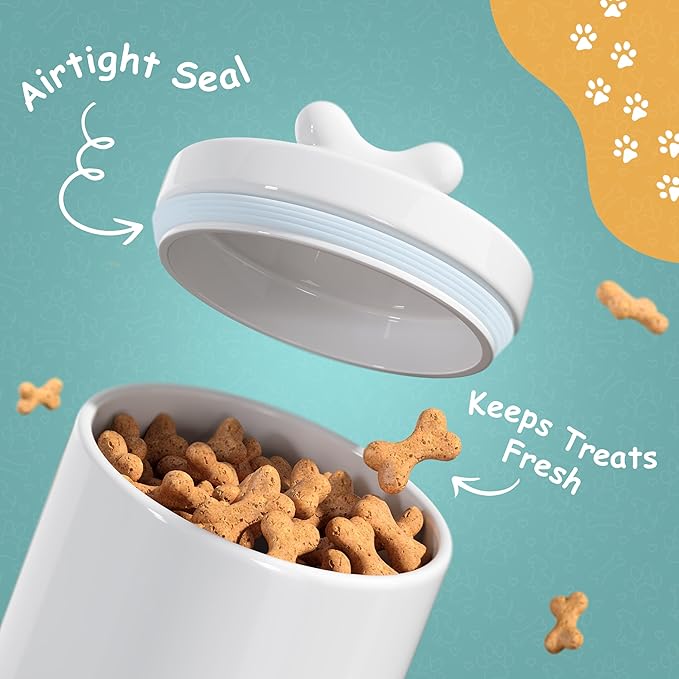 Barnyard Designs Large Dog Treat Container Airtight with Lid, Cute Rustic Ceramic Dog Treat Storage Jar for Kitchen Counter (White)