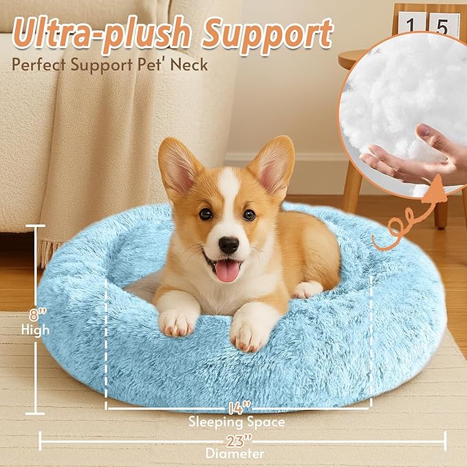 JOLLYVOGUE Small Dog & Cat Beds for Indoor Cats, Donut Cuddler Warming Soft Dog Beds with Anti-Slip Bottom, Round Calming Fluffy Plush Faux Fur Cushion Bed for Small Dogs (23", Light Blue)
