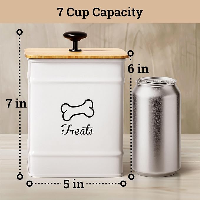 Dog Treat Container Airtight - 5 Inch Wide x 7 Inch Tall Iron Dog Treat Jar for Kitchen Counter with Airtight Bamboo Lid - 7 Cup Capacity Pet Treat Container - Doggie Cookie Jar - Big Treats Canister