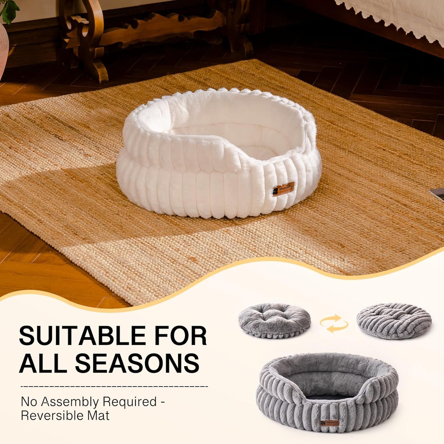 MEWOOFUN Cat Beds for Indoor Cats, Washable Dog Bed for Small Dogs, Round Pet Bed for Puppy and Kitten with Anti-Slip Bottom (Beige, 20"x20"x8")