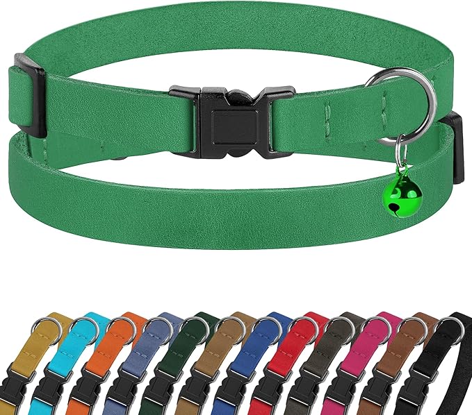 Breakaway Cat Collar Leather with Removable Bell - 13 Colors Available - Soft Adjustable Girl Boy Safety Lightweight Pet Kitten Collars Pink Brown Blue Green Red Orange Black (Green)