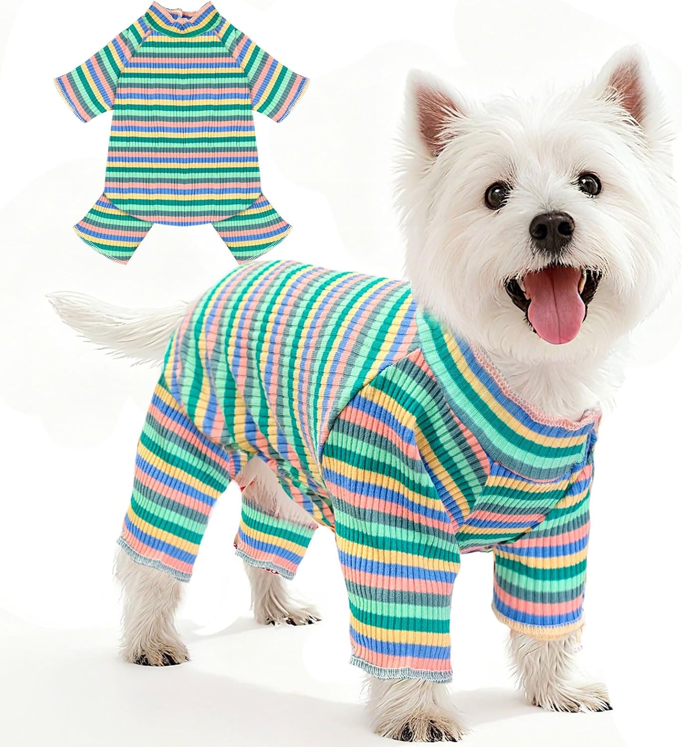 BAEJMJK Striped Dog Pajamas Stretchy Cute Four-Legged Boy Girl Dog Clothes with Sleeves Comfortable Dogs Jumpsuit Colorful Pet Puppy Outfits Apparel for Small Medium Dogs Cats(Green,XX-Large)