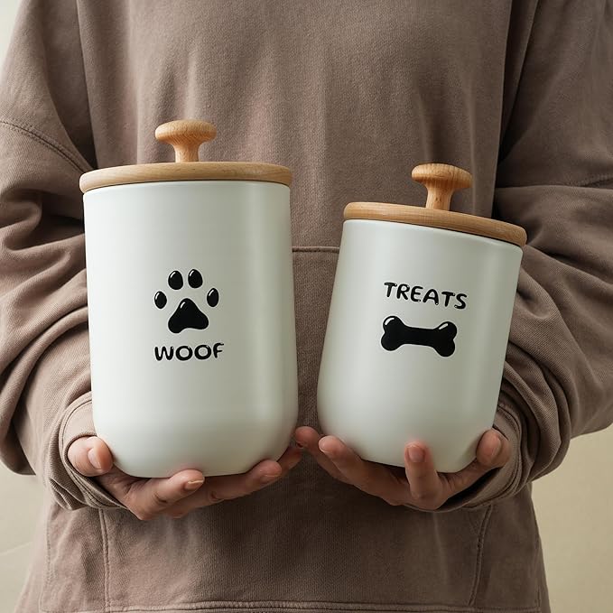 Dog Treat Container Set of 2, Dog treat jar with Airtight Lid, Small dog food container, Dog Cookie Jar for kitchen Counter, Treats Canister, Pet Treat Container 8.3x4.9 & 7.1x4.3 (White)