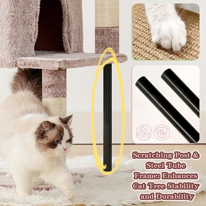 Heybly Cat Tree, 49.2 Inches Cat Tower for Indoor Cats, Spacious Cat House Condo with Hidden Space，Sturdy Steel Tube，Soft Plush Top Perch，Cozy Hammock and Sisal Scratching Posts, Muchroom HCT200SMU