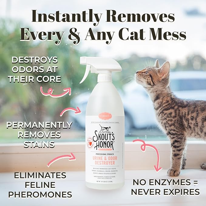 Skout's Honor Cat Urine & Odor Destroyer - Professional Strength, Plant-Powered, Cruelty-Free Urine Eliminator for Carpets and Indoor Living Spaces, 35 oz.