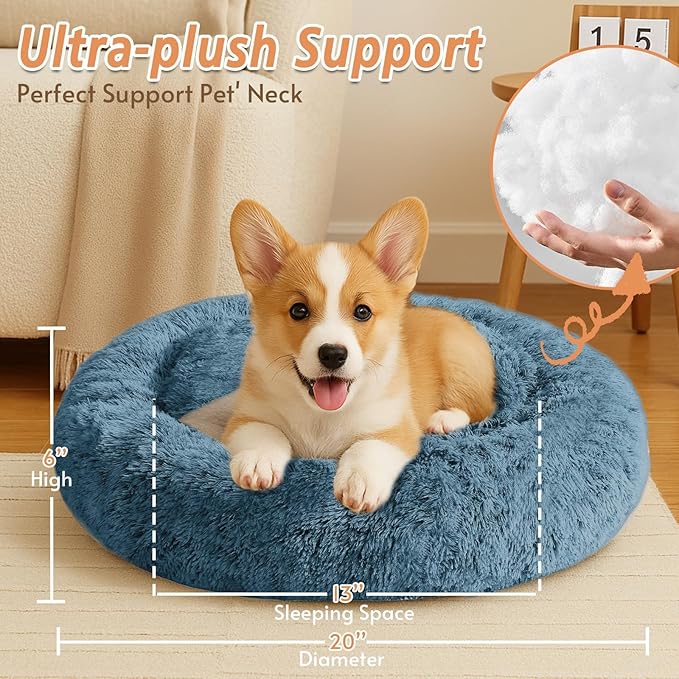 JOLLYVOGUE Small Dog & Cat Beds for Indoor Cats, Donut Cuddler Warming Soft Dog Beds with Anti-Slip Bottom, Round Calming Fluffy Plush Faux Fur Cushion Bed for Small Dogs (20", Blue)
