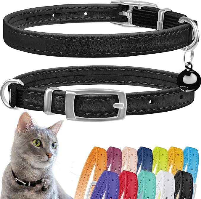 CollarDirect Leather Cat Collar with Bell - Kitten Small and Big Cat Collar for Boy Cats, Girl Cats with Safety Elastic Strap (Neck Fit 6"-7", Black)