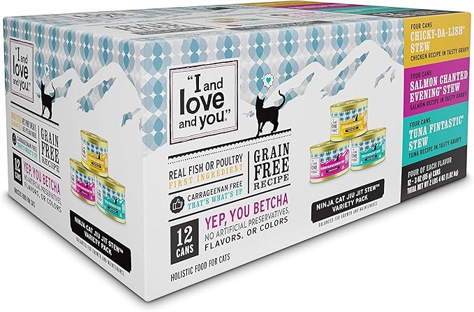 I and love and you Wet Cat Food - Ninja Cat Jiu Jit Stew Variety Pack - Chicken, Salmon, Tuna, Grain Free, Filler Free, 3oz Pack of 12 Cans