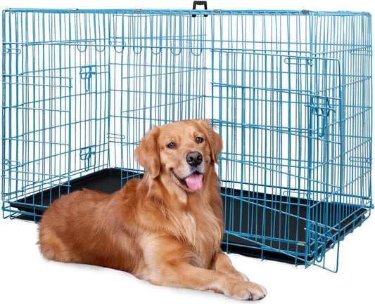 BestPet | Dog Crate | 48" | Blue | Foldable Metal Kennel with Double Doors, Secure Slide-Bolt Latches, Leakproof Tray | Portable Dog Cage for Large Breeds | for Travel, Indoor & Outdoor Use