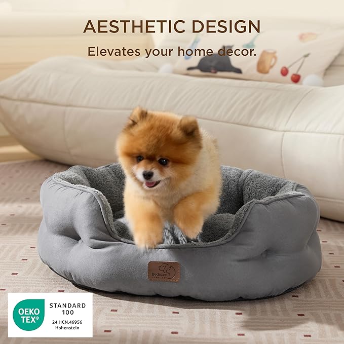 Bedsure Self Warming Dog Beds for Small Dogs - Round Medium Cat Beds for Indoor Cats, Washable Pet Bed for Puppy and Kitten with Slip-Resistant Bottom, 25 Inches, Self Warming Grey, Non-Electric