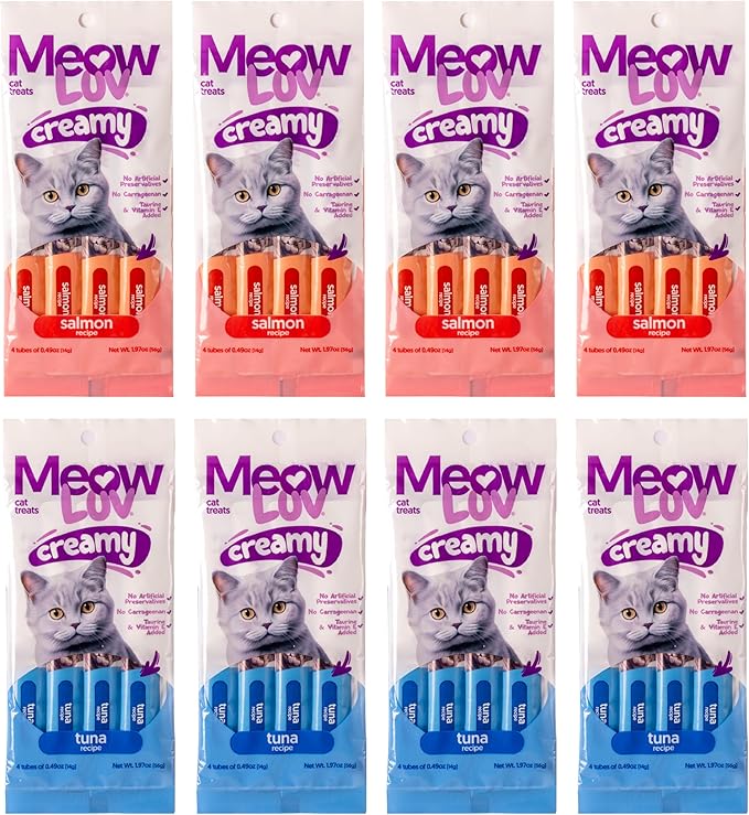 Ultra Chewy Meow Luv Salmon and Tuna Lickable Cat Treats - Delicious Squeezable Cat Treats - Carrageenan Free - No Artificial Preservatives - Irresistible Snack - 0.5 Ounce Tubes (Pack of 8)