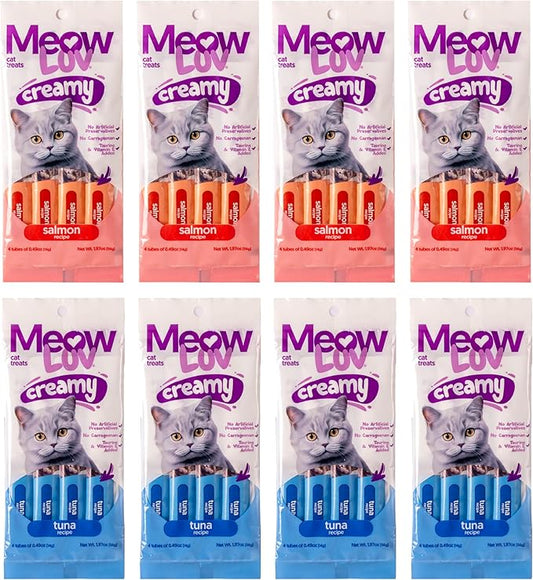 Ultra Chewy Meow Luv Salmon and Tuna Lickable Cat Treats - Delicious Squeezable Cat Treats - Carrageenan Free - No Artificial Preservatives - Irresistible Snack - 0.5 Ounce Tubes (Pack of 8)