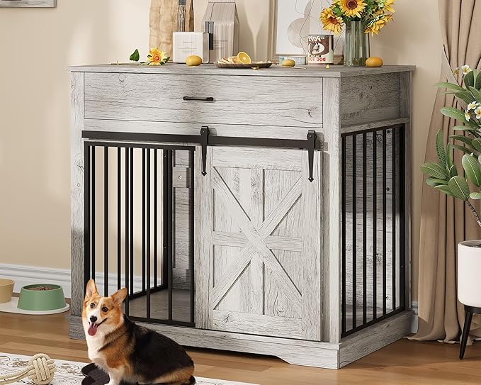 37.8" Dog Crate Furniture, Farmhouse Style 2-in-1 Dog Crate with Sliding Barn Door for Small/Medium Dogs, Dual Function as Side Table with Storage Drawer, 2-in-1 Iron-Wood Fusion Design, Grey
