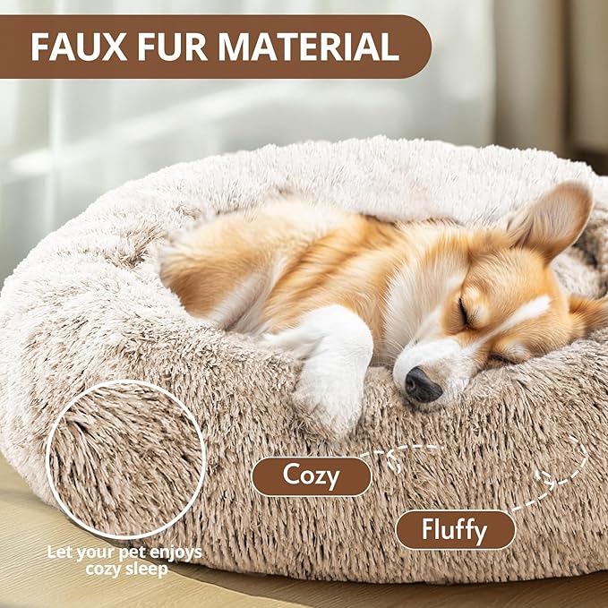 JOLLYVOGUE Small Dog & Cat Beds for Indoor Cats, Donut Cuddler Warming Soft Dog Beds with Anti-Slip Bottom, Round Calming Fluffy Plush Faux Fur Cushion Bed for Small Dogs (23")