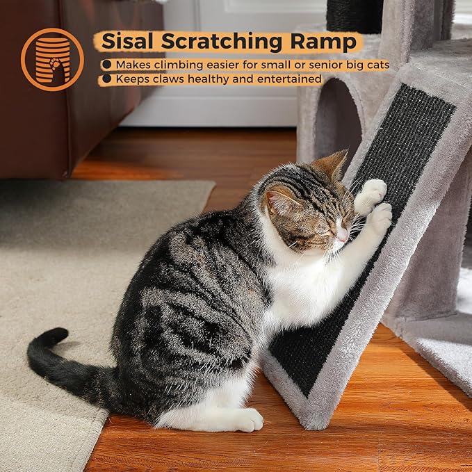 Heavy Duty Cat Tree for Indoor Cats Adult, 45-Inch Cat Tower with Sisal Scratching Ramp, 2 Cat Condo for Extra Large Cats, Big Top Perch, 3 Thick Black Scratching Posts (φ4.3) -Gray