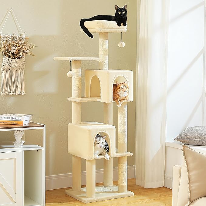 62" Cat Tree for Indoor Cats, Multi-Level Cat Tower for Large Cats with Scratching Posts, 2 Spacious Plush Condos, Padded Perch, Soft Cat Bed, Scratching Pad & 2 Pompoms, Beige