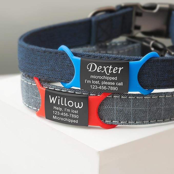 Anavia Slide On Silent Pet ID Tags, S/M/L/XL Personalized Black Stainless Steel Colored Silicone Cat Dog Name Tag, Customized Engraved Nameplate, Quiet Chew-Proof Pet Collar Tag (Red, X-Large)