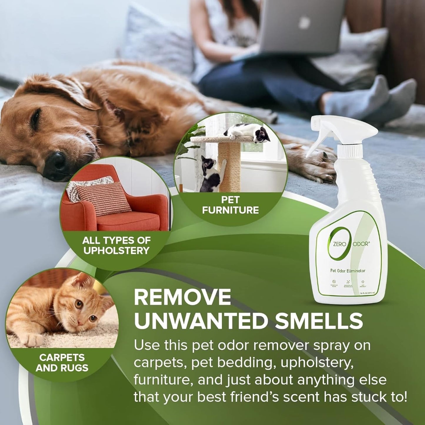 Zero Odor - Pet Odor Eliminator for Strong Odor, Eliminate Air & Surface Odors – Patented Molecular Technology Best For Carpet, Furniture, Beds Smell Great Again (Over 400 Sprays Per Bottle)
