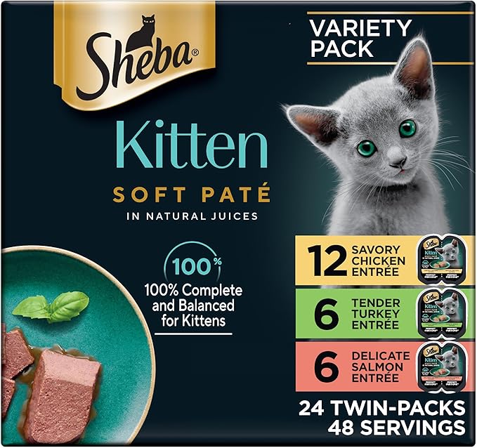 Sheba Perfect Portions Kitten Wet Cat Food Pate Chicken Entree, Salmon Entree, and Turkey Entree, 2.6 oz. Twin-Pack Trays (24 Count, 48 Servings)