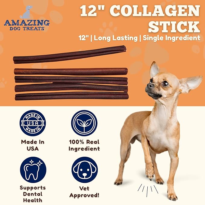 Amazing Dog Treats 12 Inch Collagen Stick - (5 Count) - Collagen Sticks for Dogs - No Hide Dog Bones