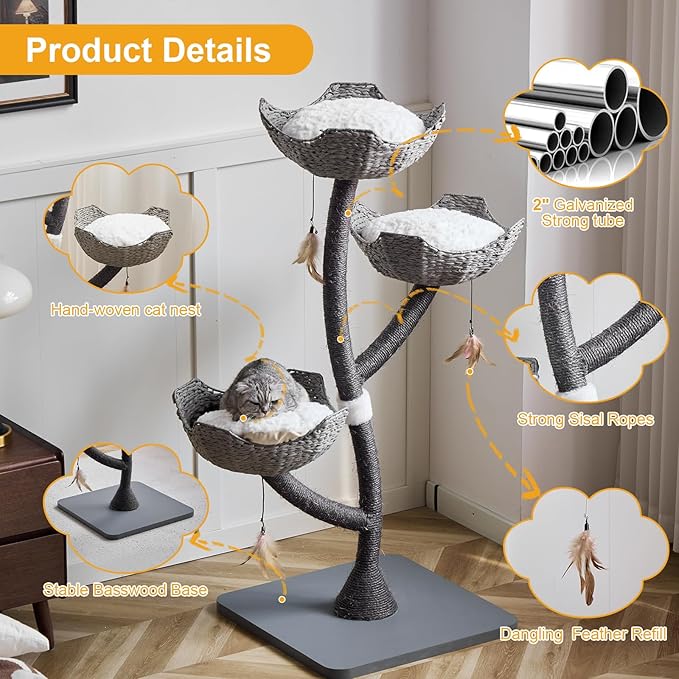 52” Tall Modern Gray Cat Tree Tower for Large Cats| Cat Scratching Posts with Hand-Woven Baskets | Luxury Cat Condo for Indoor Multiple Cats | Cat Furniture for Gifts （52” Gray ）