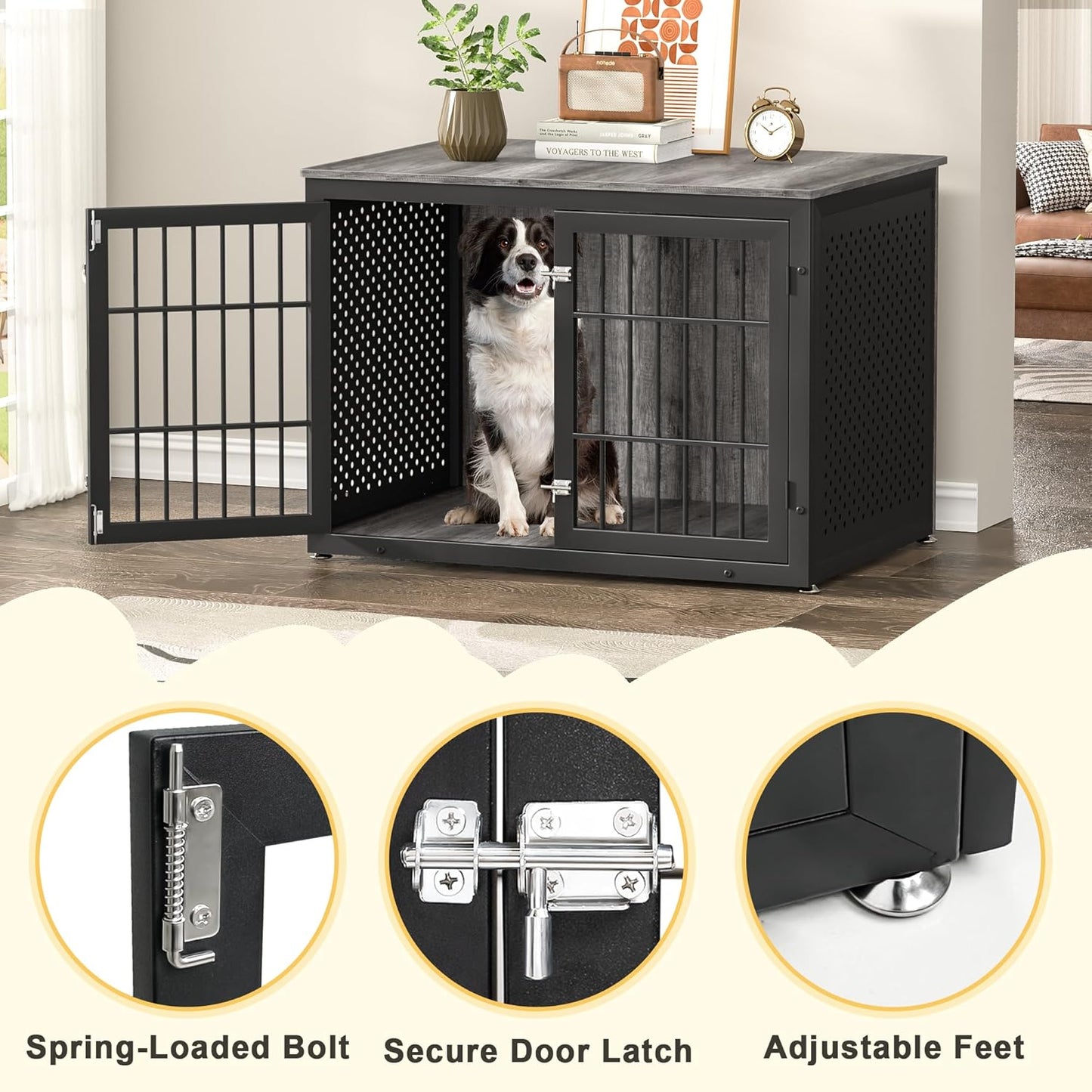 42" Heavy Duty Dog Crate Furniture for Large and Medium Dogs, Enclosed Design Wooden Metal Kennel, Wooden Cage Furniture Indoor, Decorative Dog Kennel End Table