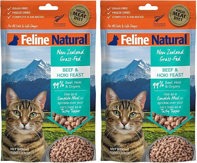 Feline Natural High Protein Dry Cat Food, Freeze-Dried Diet with 98% Meat, Organs & Seafood, No Peas, Grains, or Artificial Additives, Made in New Zealand Beef & Hoki, 3.5oz (Pack of 2)