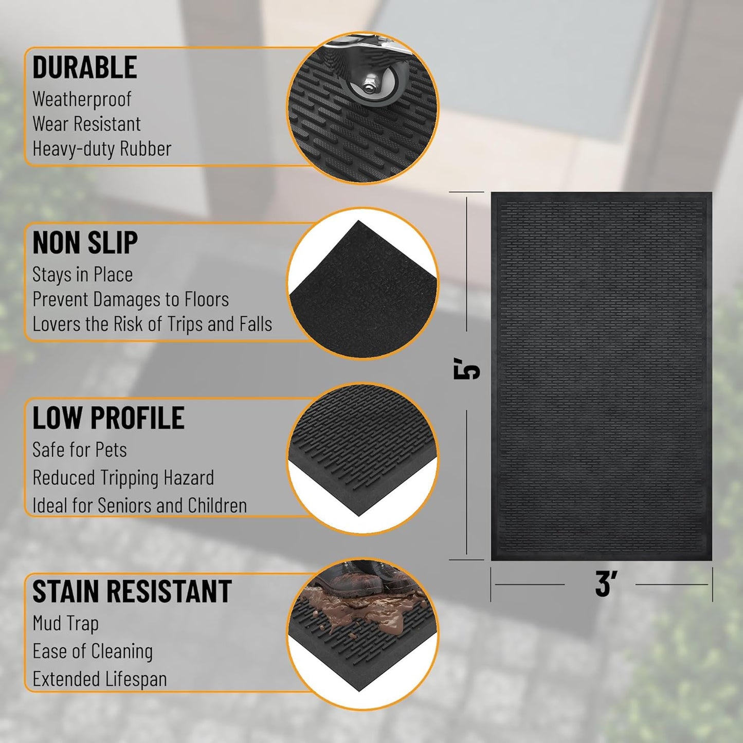 Indoor/Outdoor Hose-Wash Ribbed Design Non-Slip Rubber 3x5 Modern Area Rug for Living Room, Bedroom, Dining Room, Office, 35" x 60", Black