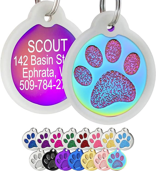 GoTags Paw Print Round Stainless Steel Pet Tag for Dogs and Cats, Personalized with 4 Lines of Custom Engraved ID Name and Number, in Stainless Steel and 15 Colors Small and Large, Rainbow