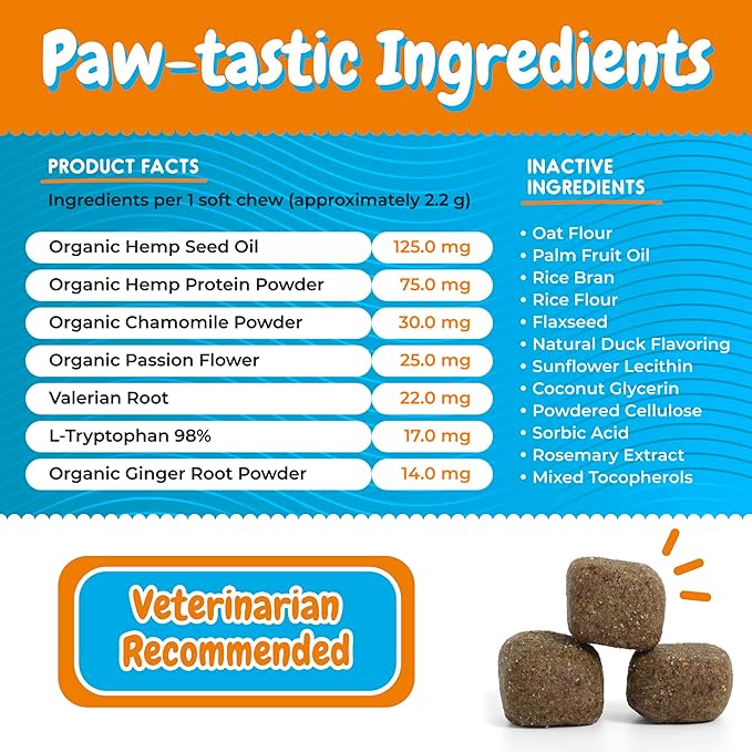 INNER PAW Calming Chews for Dogs – Hemp, Chamomile & Passion Flower – Natural Calming Aid for Stress, Relaxation, Travel & Separation – Duck Flavor Soft Chews Made in USA, 60 Count