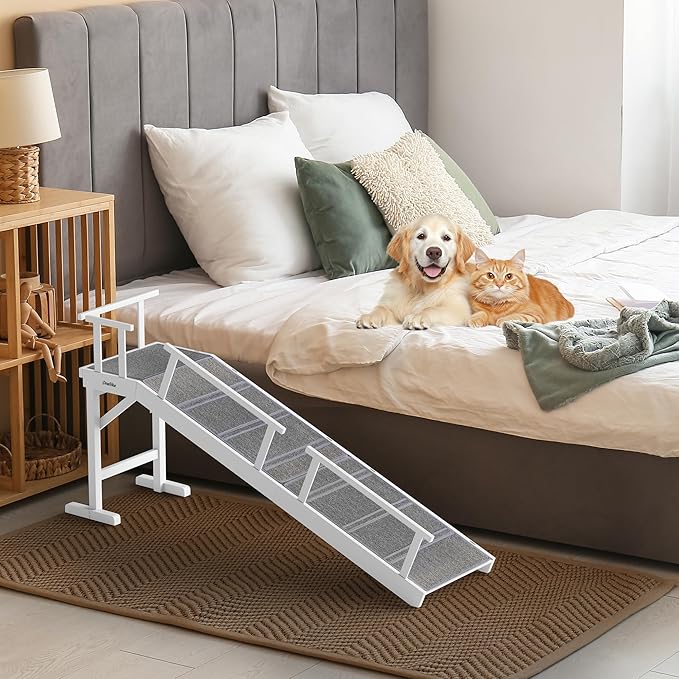 Onelike Wooden Dog Ramp for Bed with Removable Side Rail and Non-Slip Carpet, Stable Pet Ramp Stair for Couch Sofa for Small & Large & Senior Dogs, 60" Long Ramp White