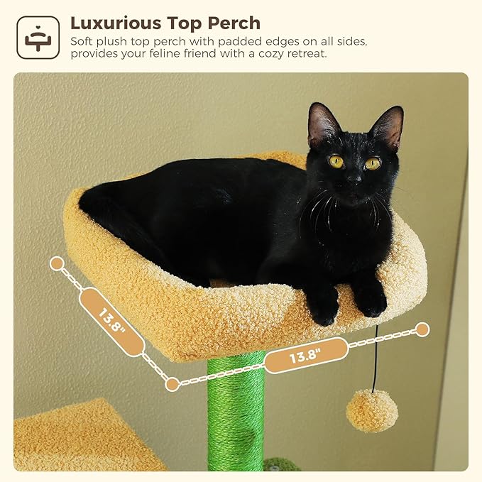 62" Cat Tree for Indoor Cats, Multi-Level Cat Tower for Large Cats with Scratching Posts, 2 Spacious Plush Condos, Padded Perch, Soft Cat Bed, Scratching Pad & 2 Pompoms, Green