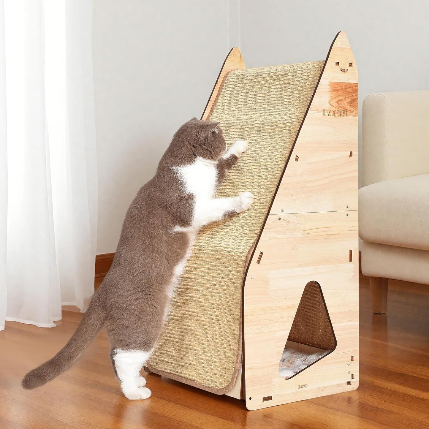 32in Cat Scratching Posts for Indoor Cats: Replaceable Sisal Mats & Sturdy 3D Wood Frame, Integrated Cat Condo, Hideout, Tunnel, All-in-One Space Saver for Multi-Cat & Budget-Friendly Homes