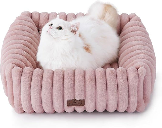 Bedsure Cute Dog Bed for Small Dogs & Cats - Washable Furry Puppy Beds, Rectangle Orthopedic Corduroy Fleece Pet Beds with Removable Zipper Cover, 20x19x6inches, Blush Pink