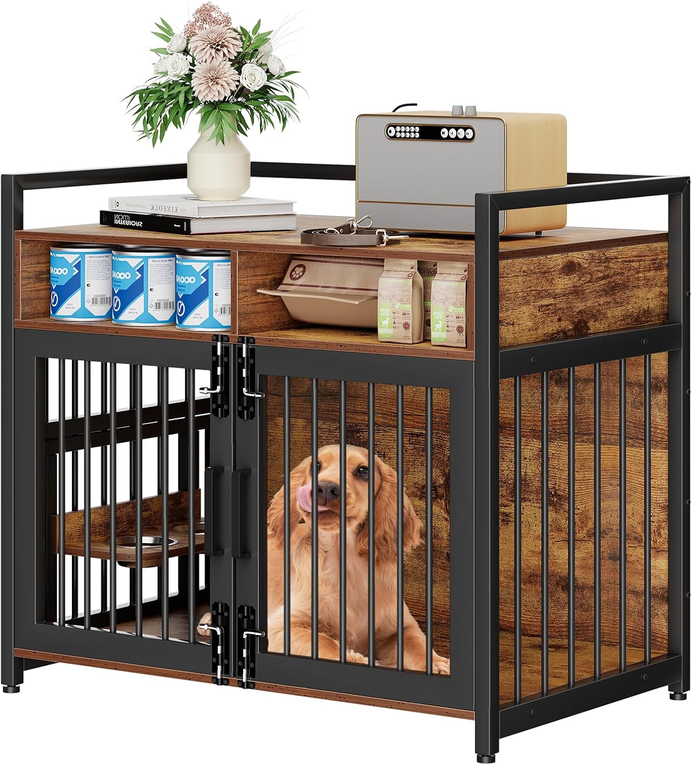 Furniture Style Dog Crate with Storage, 41 Inch Dog Crate Furniture with Double Doors, 2 Stainless Steel Bowls, Dog Crate Furniture-Style Crate for Large/Medium Dog