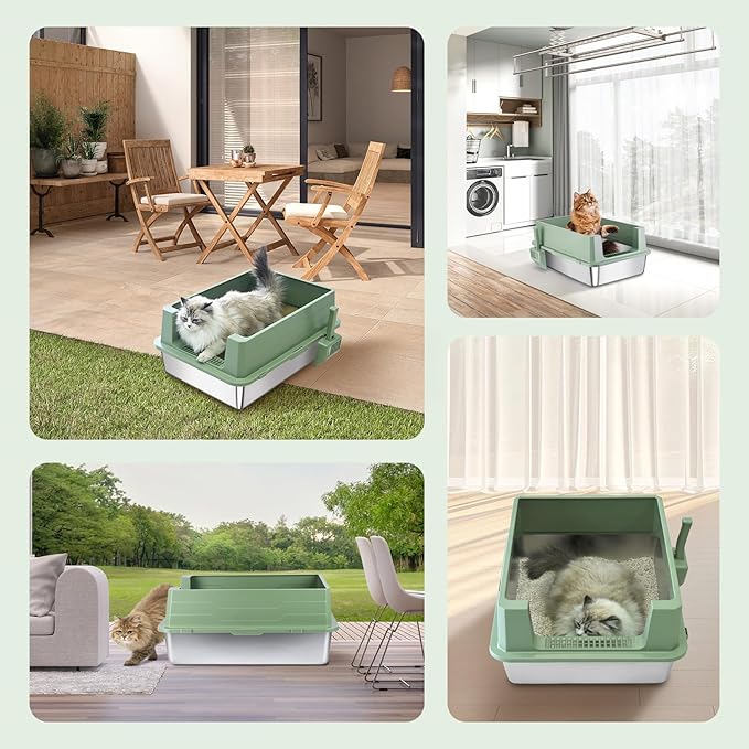 Homegroove XXXL Stainless Steel Litter Box with High Sides, 28"x20"x12" Extra Large Cat Litter Box for Big Cats, Metal Cat Litter Boxes Anti-Urine Leakage, Easy Clean (Green)